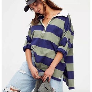 Free People Rugby Tee in Army Navy Striped Polo Long Sleeve Shirt Size Small